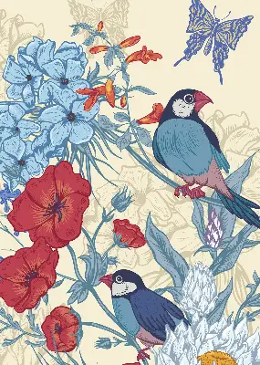 Fabric roller blind for window birds among the flowers design