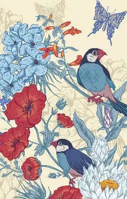 Fabric roller blind for window birds among the flowers design