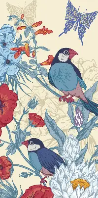 Fabric roller blind for window birds among the flowers design