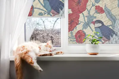 Fabric roller blind for window birds among the flowers design