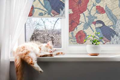Fabric roller blind for window Birds among the flowers
