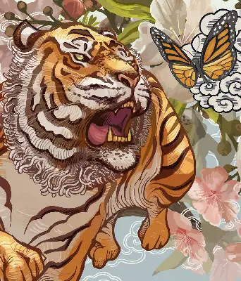 Blackout roller blind tiger in flowers design