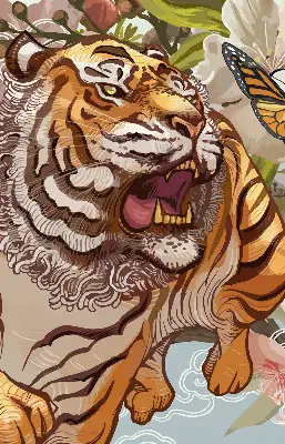 Blackout roller blind tiger in flowers design