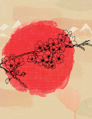 Fabric roller blind for window with a red circle flower print