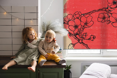 Fabric roller blind for window Flowers in a red circle