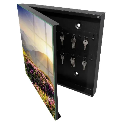 Wall-mounted key storage box with mountain sunrise design