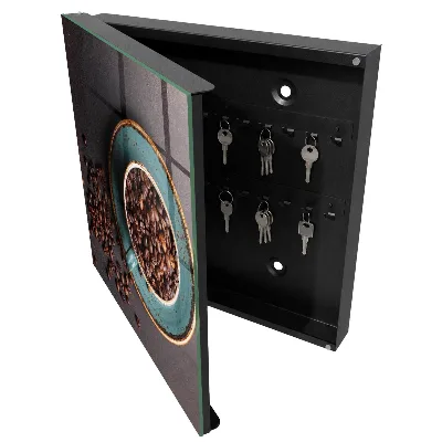 Wall-mounted key storage box with coffee bean motif