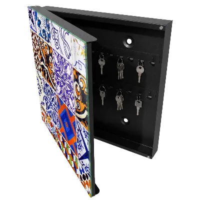 Wall mounted key box with colorful tiles