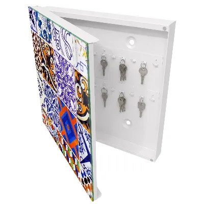 Wall mounted key box with colorful tiles