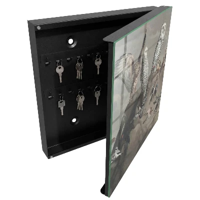 Wall mounted key box with birds on a rock design