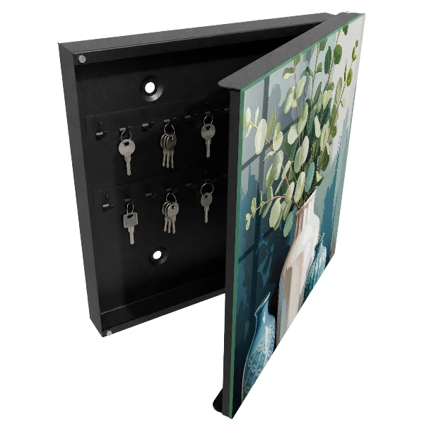 Wall-mounted key box with vases and leaves design