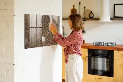 Magnetic dry erase board with a dark wood frame