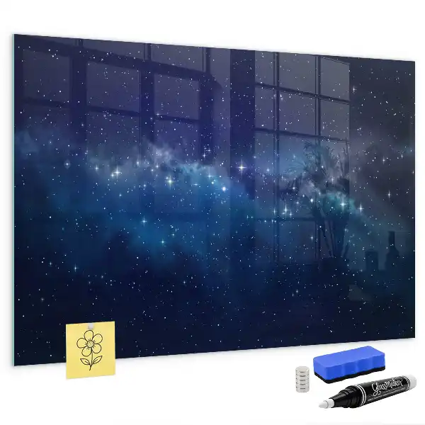 Magnetic dry erase board with a dark sky and stars design