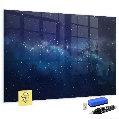 Magnetic dry erase board with a dark sky and stars design