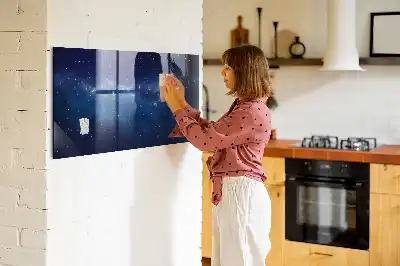 Magnetic dry erase board with a dark sky and stars design