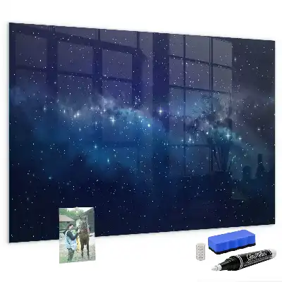 Magnetic dry erase board with a dark sky and stars design