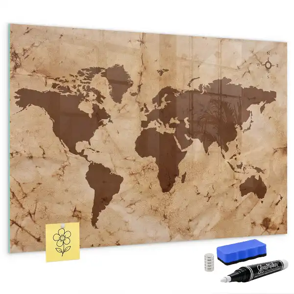 Magnetic dry erase board with a vintage world map design