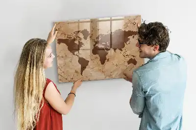 Magnetic dry erase board with a vintage world map design