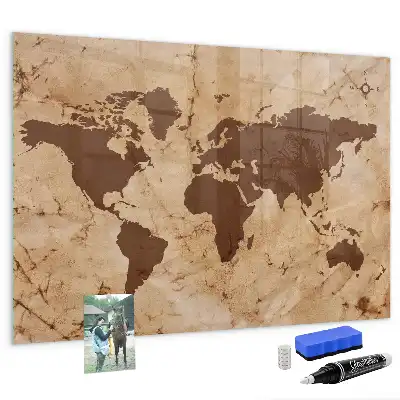 Magnetic dry erase board with a vintage world map design