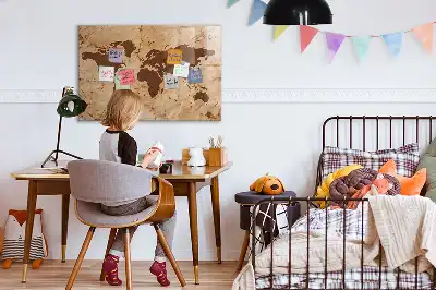 Magnetic dry erase board with a vintage world map design