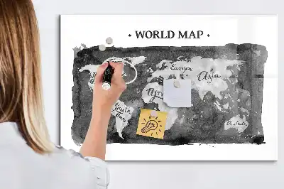 Magnetic dry erase board with a retro world map design