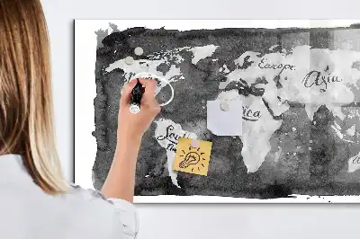 Magnetic dry erase board with a retro world map design
