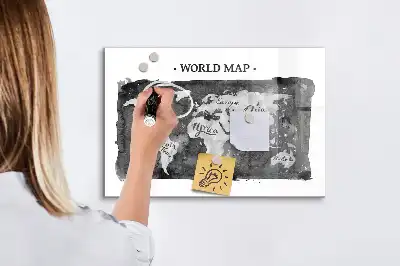 Magnetic dry erase board with a retro world map design