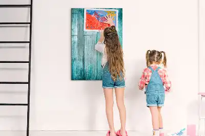 Magnetic dry erase board with a blue wood frame