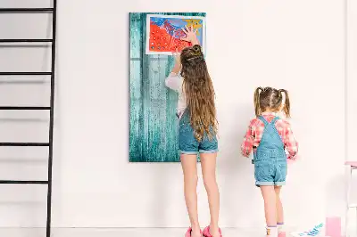 Magnetic dry erase board with a blue wood frame