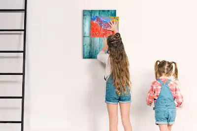 Magnetic dry erase board with a blue wood frame