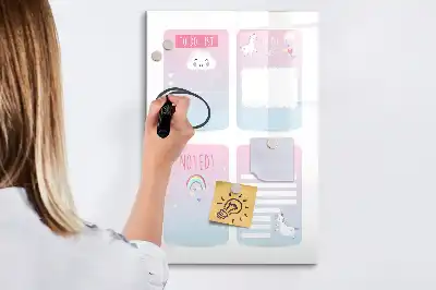 Magnetic dry erase board with a unicorn planner design