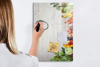 Magnetic dry erase board with vegetables on wood print