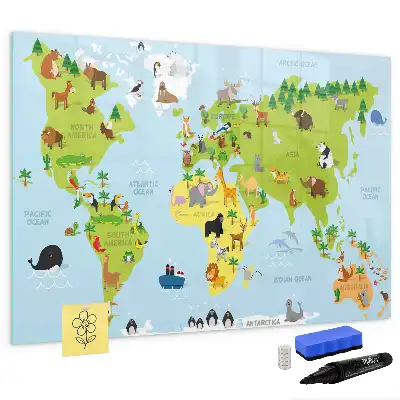 Magnetic glass dry erase board with animal world map design