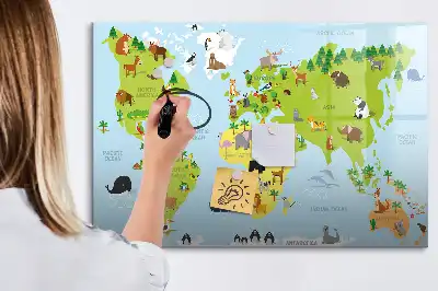Magnetic glass dry erase board with animal world map design