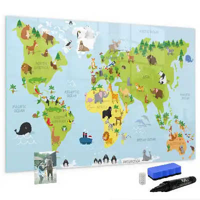 Magnetic glass dry erase board with animal world map design