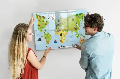 Magnetic glass dry erase board with animal world map design