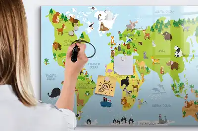 Magnetic glass dry erase board with animal world map design