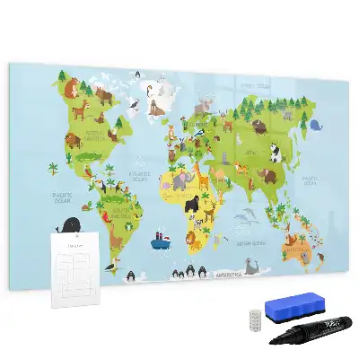Magnetic glass dry erase board with animal world map design