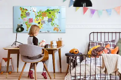 Magnetic glass dry erase board with animal world map design