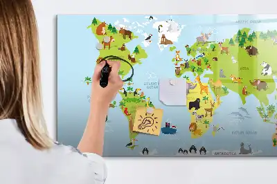 Magnetic glass dry erase board with animal world map design