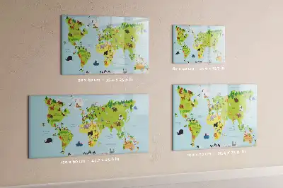 Magnetic glass dry erase board with animal world map design