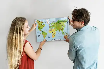 Magnetic glass dry erase board with animal world map design