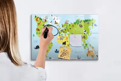 Magnetic glass dry erase board with animal world map design