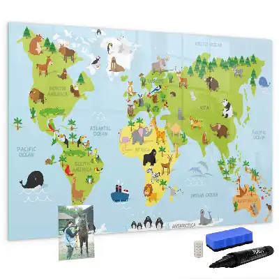Magnetic glass dry erase board with animal world map design