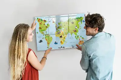 Magnetic glass dry erase board with animal world map design