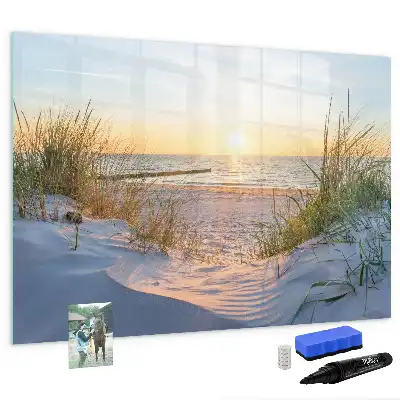 Magnetic glass dry erase board with sunset on the beach design