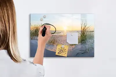 Magnetic glass dry erase board with sunset on the beach design