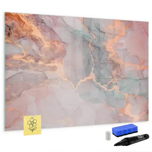 Magnetic glass dry erase board with a decorative marble finish