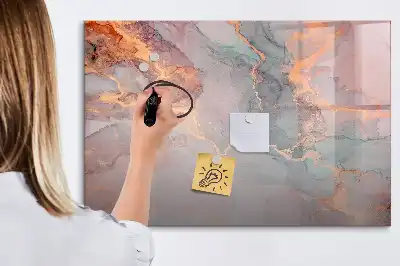 Magnetic glass dry erase board with a decorative marble finish