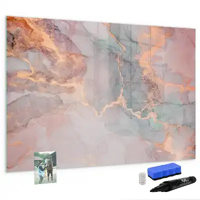 Magnetic glass dry erase board with a decorative marble finish